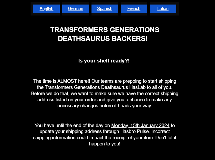 Transformers HasLab Deathsaurus Shipping Address Confirmation E-Mails Sent By Hasbro UK