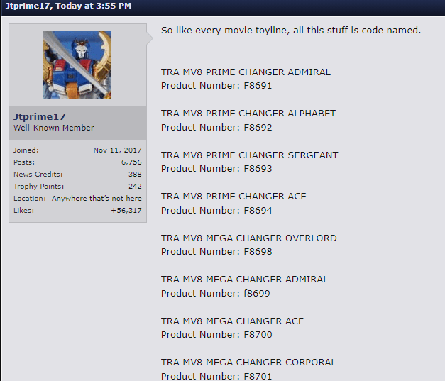 New Codename listings for the mainline Transformers: One toys!
