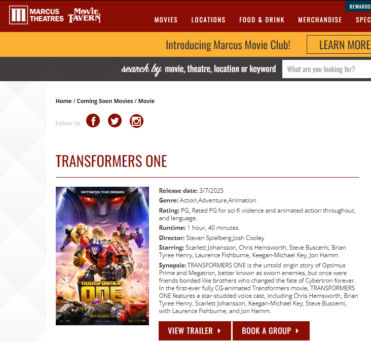 Transformers One To Be Re-Released in Movie Tavern/Marcus Theatres Chains This March